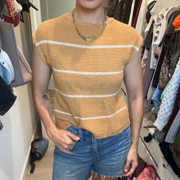 Madewell mustard striped short sleeve sweater with button back - Picture 1 of 3